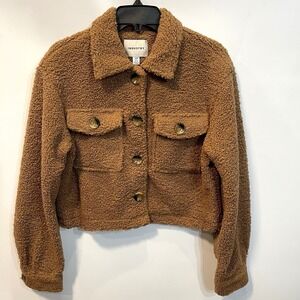 Industry Republic Women's SP Brown Teddy Bear‎ Fleece Cropped Jacket Lined Cozy